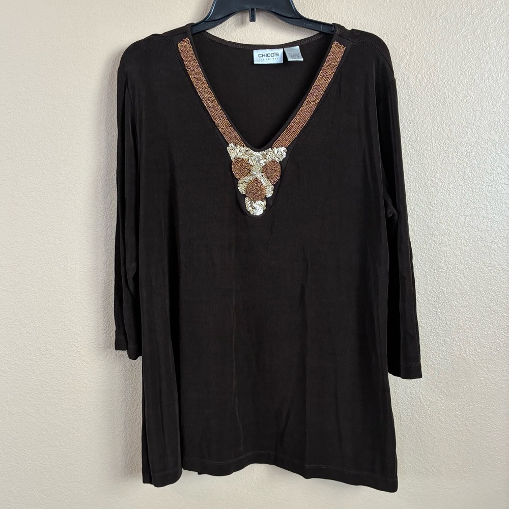 Chicos Travelers Size 3 XL Brown Embellished Slinky 3/4 Sleeves Blouse Top USA